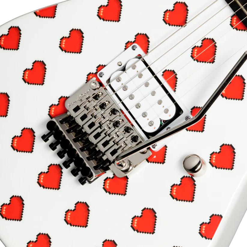 Kramer NightSwan Pixel Hearts Electric Guitar with Premium Gig Bag - Pearl White with Hearts