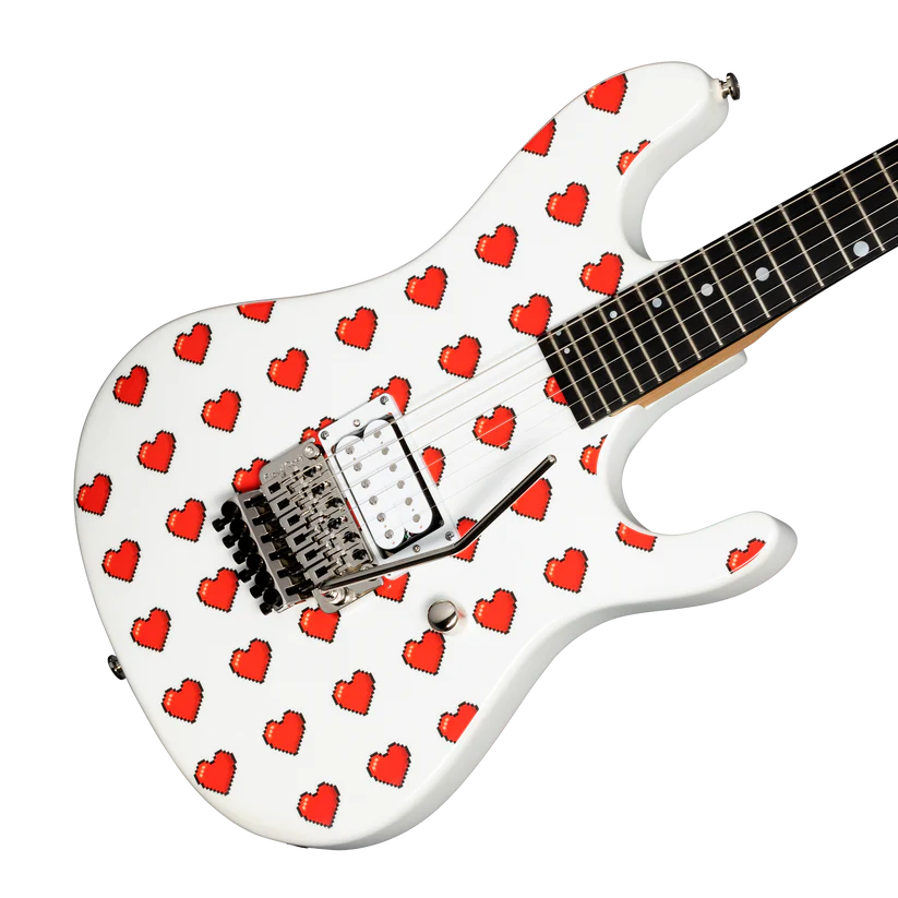 Kramer NightSwan Pixel Hearts Electric Guitar with Premium Gig Bag - Pearl White with Hearts
