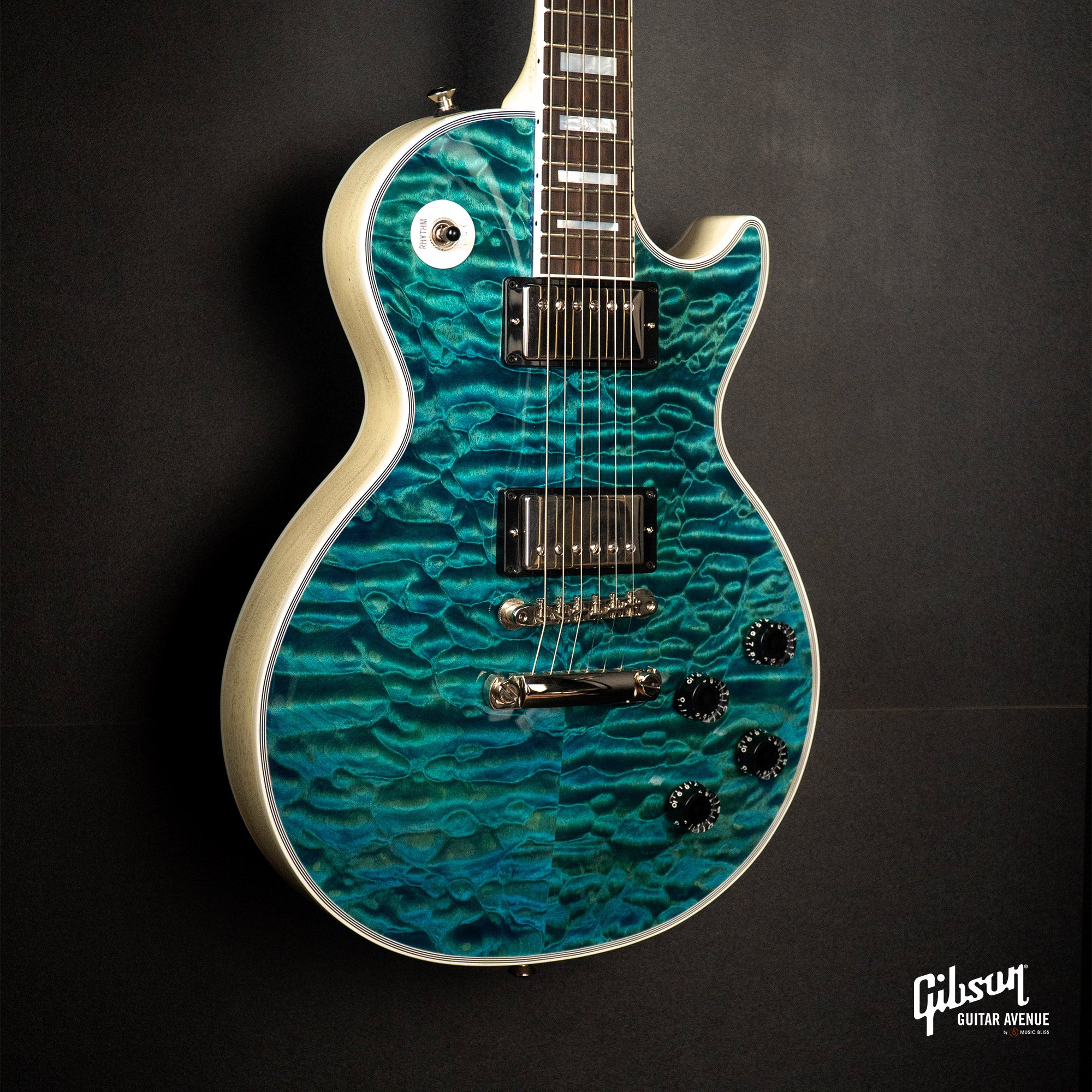 GIBSON JO BRANKO SELECT MADE TO MEASURE LES PAUL CUSTOM 7A QUILT TOP - V3 NECK - OCEAN BLUE - TV WHITE BACK W/STINGER GLOSS NH