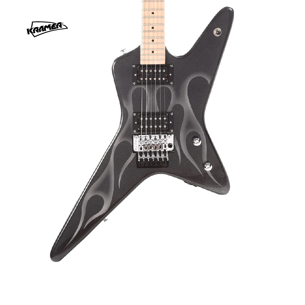 Kramer Tracii Guns Gunstar Voyager Outfit Electric Guitar, Gig Bag Included - Black Metallic and Silver Ghost Flames