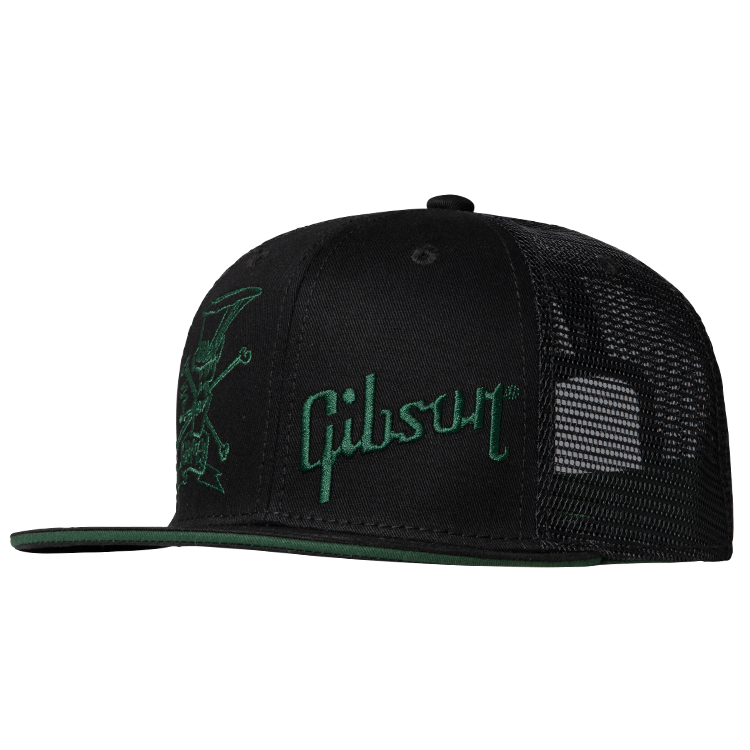 GIBSON ACCESSORIES SLASH 'SKULLY' TRUCKER HAT - BLACK AND GREEN (GA-SLSH-TRHTG)