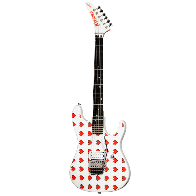 Kramer NightSwan Pixel Hearts Electric Guitar with Premium Gig Bag - Pearl White with Hearts