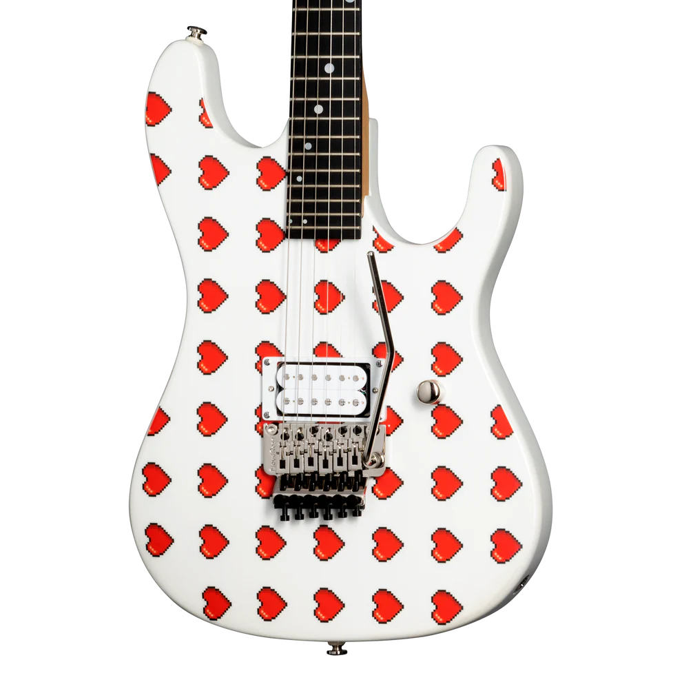 Kramer NightSwan Pixel Hearts Electric Guitar with Premium Gig Bag - Pearl White with Hearts