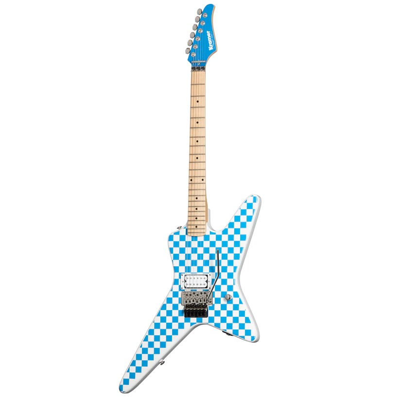 Kramer Voyager Old School Electric Guitar with Premium Gig Bag - Alpine White with Blue Checkers