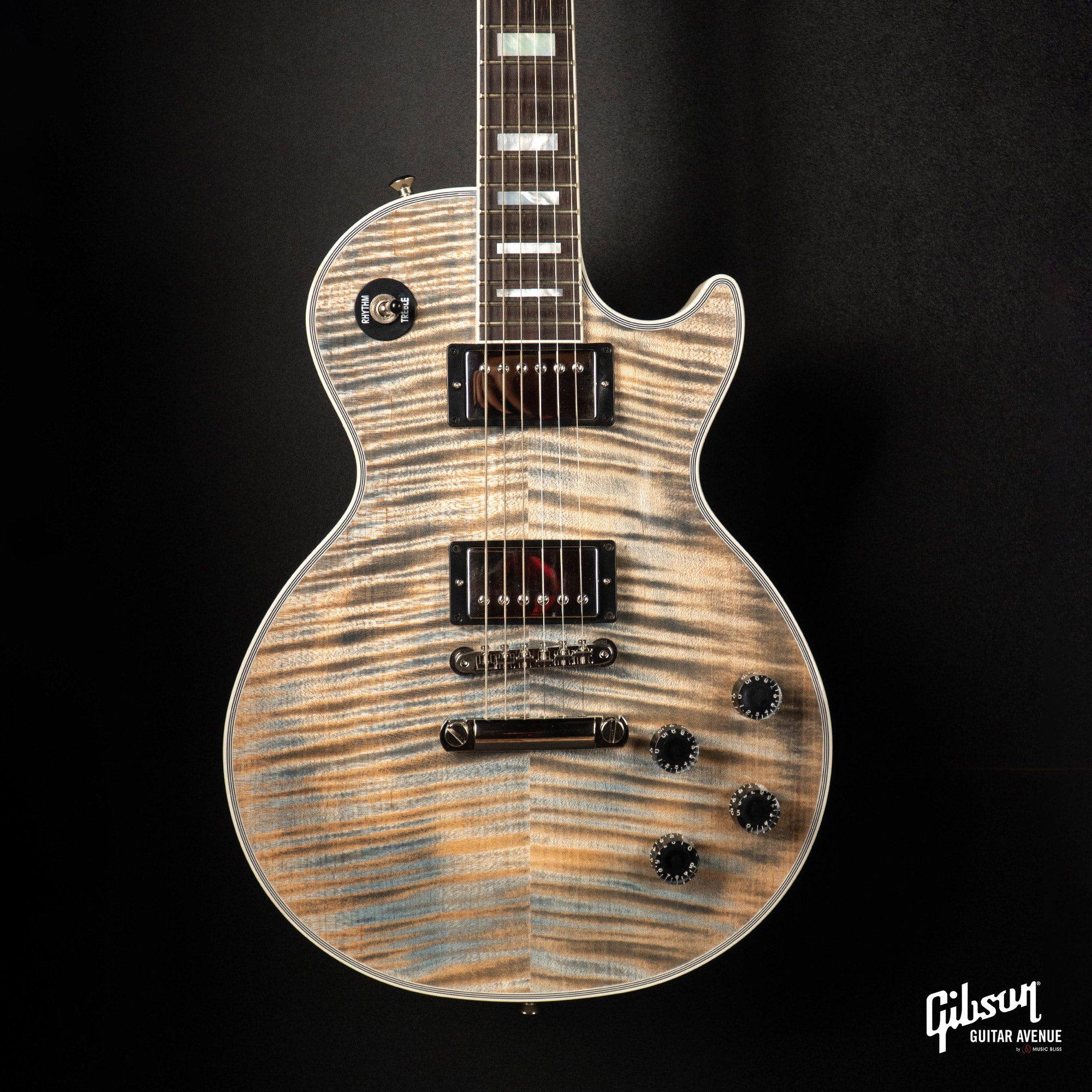 GIBSON JO BRANKO SELECT MADE TO MEASURE LES PAUL CUSTOM FIGURED TOP - V3 NECK - BLUE DENIM - TV WHITE BACK W/STINGER GLOSS NH