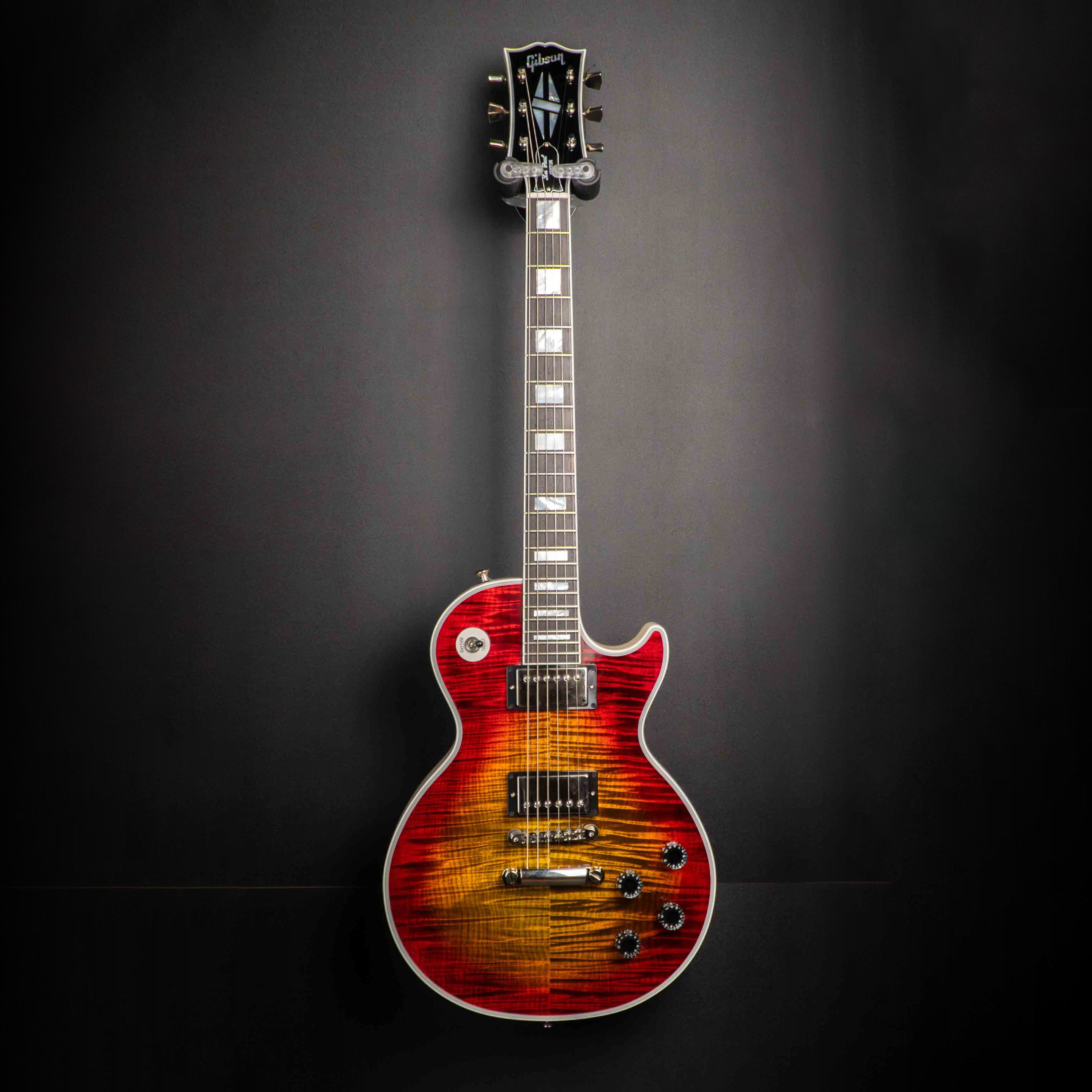 GIBSON JO BRANKO SELECT MADE TO MEASURE LES PAUL CUSTOM FIGURED TOP - V3 NECK - BENGAL BURST - TV WHITE BACK W/STINGER GLOSS NH