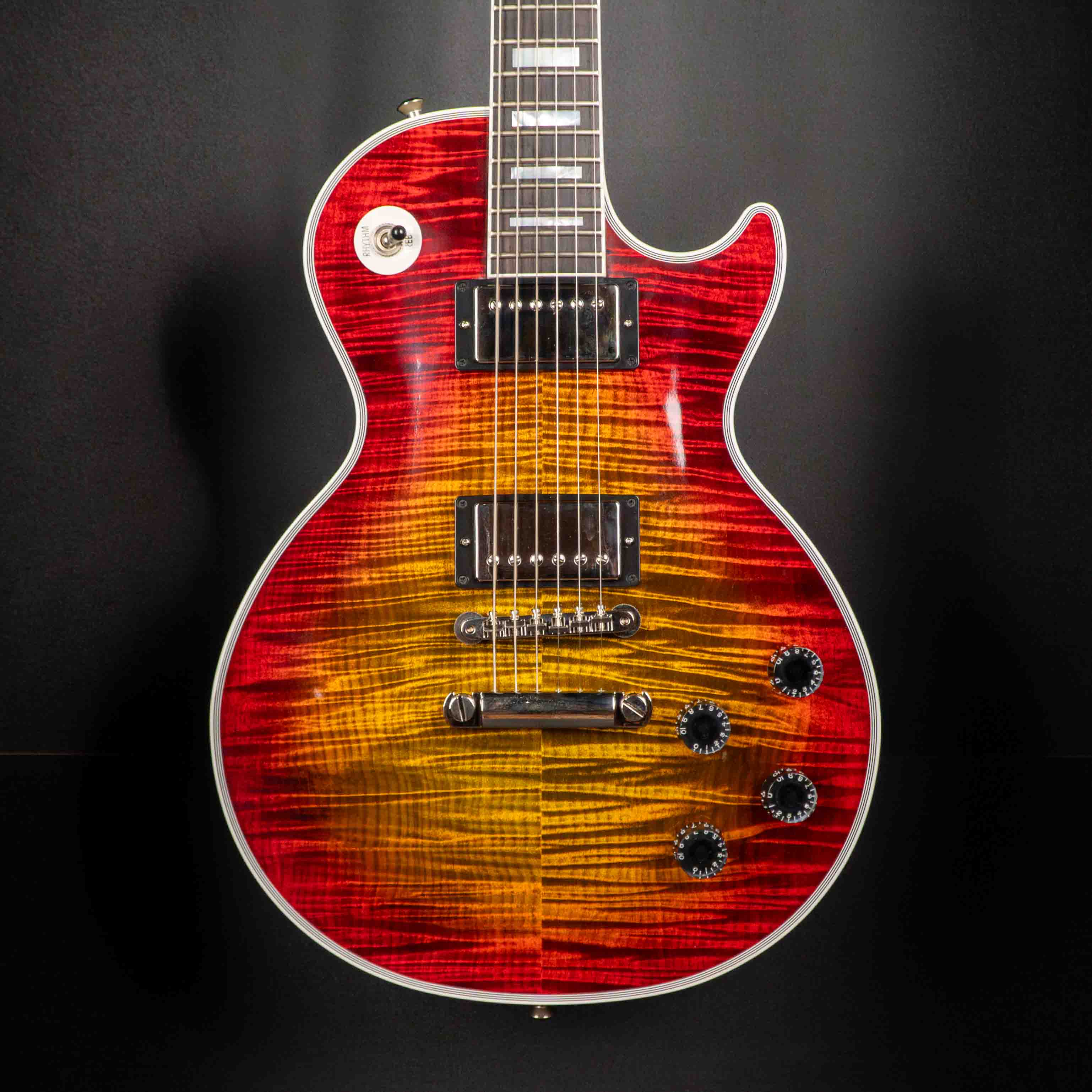 GIBSON JO BRANKO SELECT MADE TO MEASURE LES PAUL CUSTOM FIGURED TOP - V3 NECK - BENGAL BURST - TV WHITE BACK W/STINGER GLOSS NH