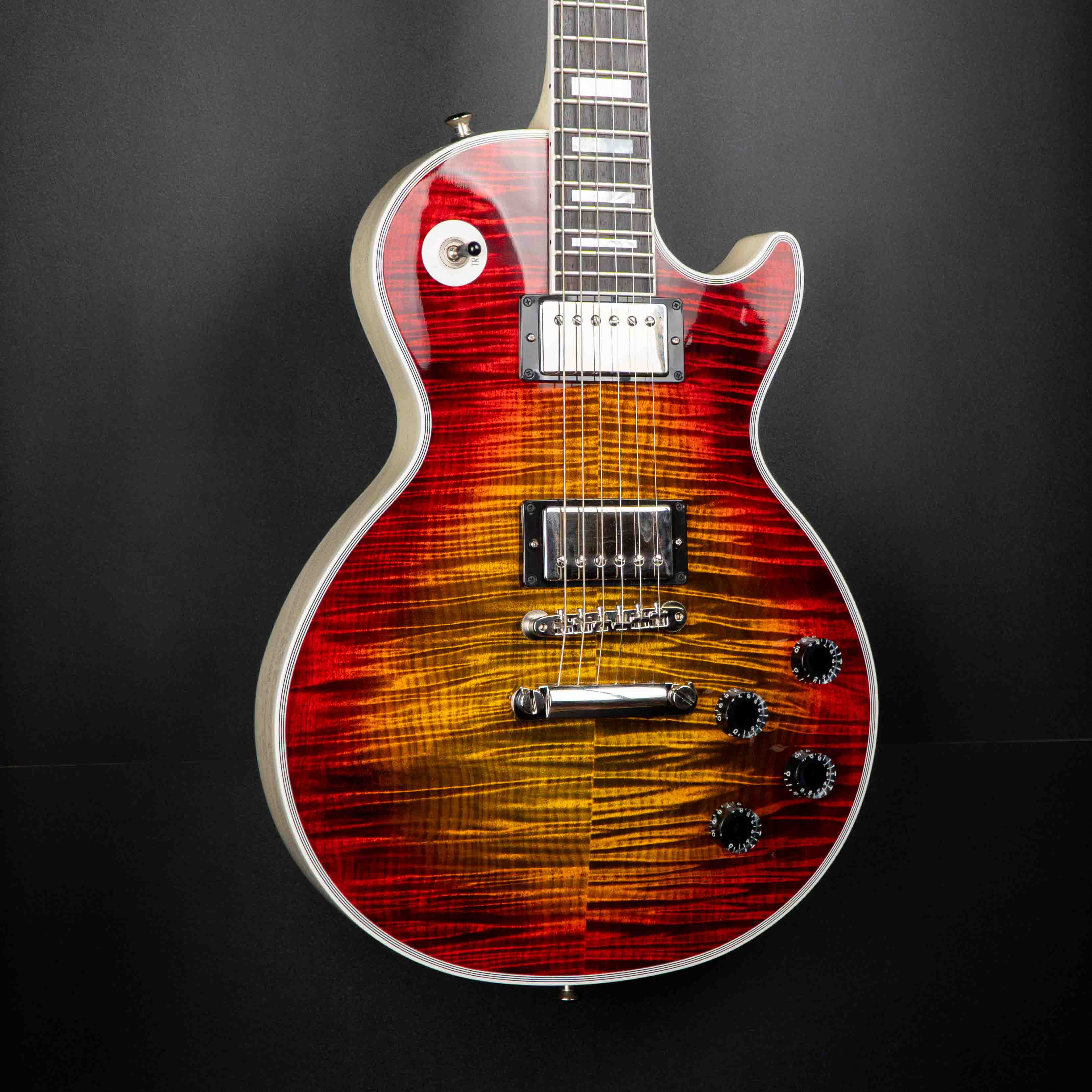 GIBSON JO BRANKO SELECT MADE TO MEASURE LES PAUL CUSTOM FIGURED TOP - V3 NECK - BENGAL BURST - TV WHITE BACK W/STINGER GLOSS NH