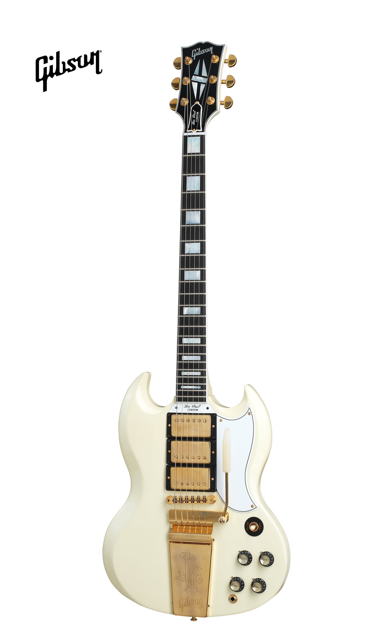 GIBSON 1963 LES PAUL SG CUSTOM REISSUE 3-PICKUP WITH MAESTRO VIBROLA VOS ELECTRIC GUITAR - CLASSIC WHITE